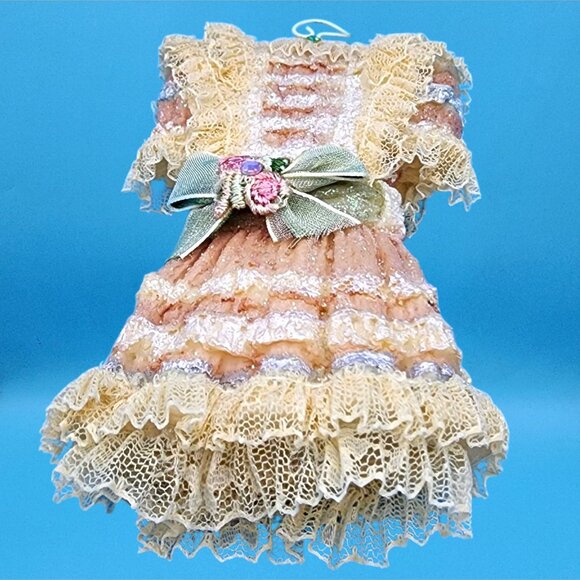 Victorian Dress Ornament on Hanger • Pink Lace Glitter Holiday Decoration • Vint - Picture 4 of 9